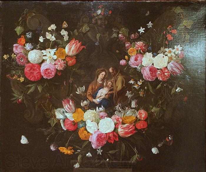 Jan Van Kessel Garland of Flowers with the Holy Family Norge oil painting art